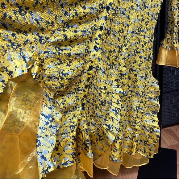 Jenny T golden yellow navy blue frilly Aline dress ruched pleats 1X - Picture 9 of 12